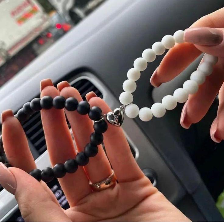 Stylish Couple's Bracelet Set - 2 Piece Unique Design with Beads in Black And White